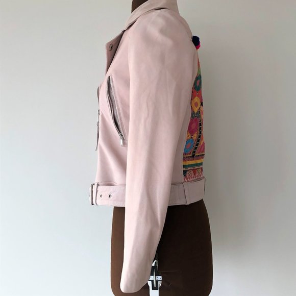 Pink Leather Moto Jacket with Embroidery - Picture 2 of 6